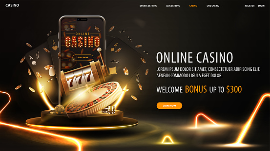 Online casino, welcome bonus, black banner with offer, podium with smartphone, casino slot machine, Casino Roulette, cards and poker chips in dark scene with gold neon triangles around