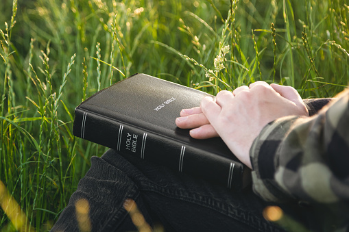 Bible and male hands in a field, concept for faith, spirituality, and religion.
