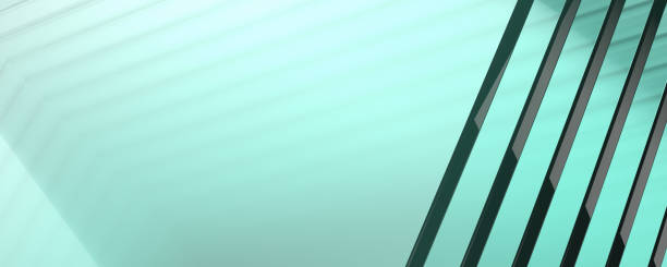 istock Wide angle abstract background with stack of flat green glass. Copy space. 3D rendering. 1496938697