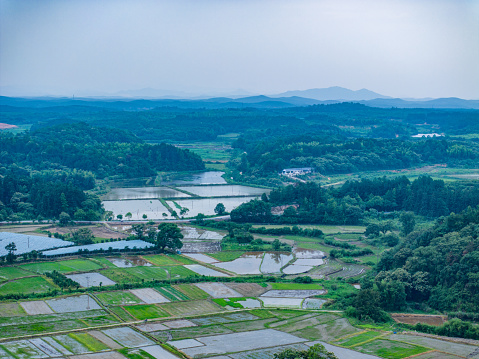 Overlook of Chinese rural houses and river scenery