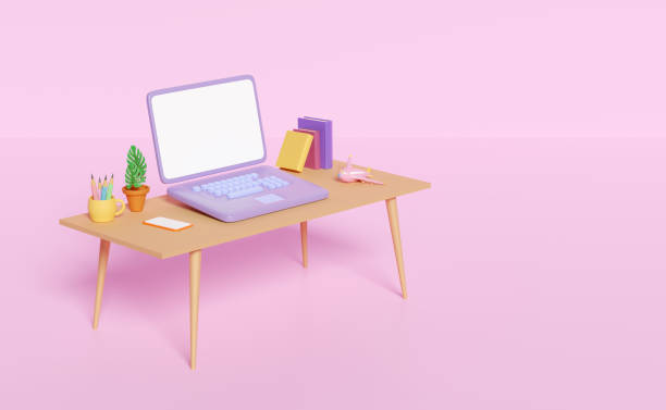 istock 3d desk in office with laptop computer on table, textbook, book, coffee cup, plane isolated on pink background. 3d render illustration, clipping path 1496939210