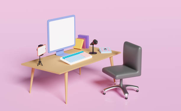 istock 3d computer on table with blank screen, smartphone, microphone, office chair in pink room. online video live streaming, communication applications, notification message,  3d render, clipping path 1496939731