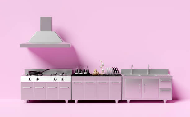 istock 3d restaurant kitchen isolated on pink background. modern industrial kitchen with equipment concept, 3d render illustration, clipping path 1496939950