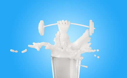 3d milk or yogurt ripple splash in the glass with hands holding barbells isolated on blue background. 3d render illustration, include clipping path