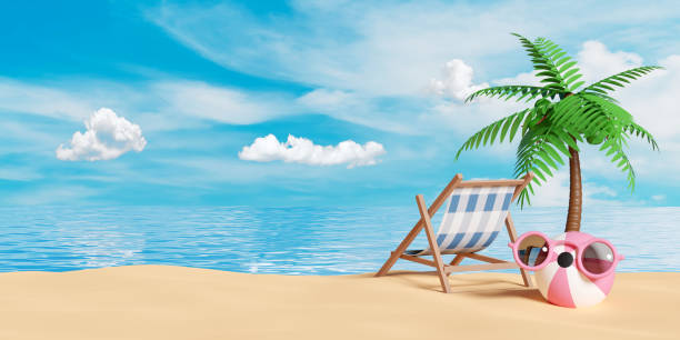 istock 3d beach chair with palm tree,  seaside, ball, sunglasses, cloud isolated on blue sky background. summer travel concept, 3d render illustration 1496940326