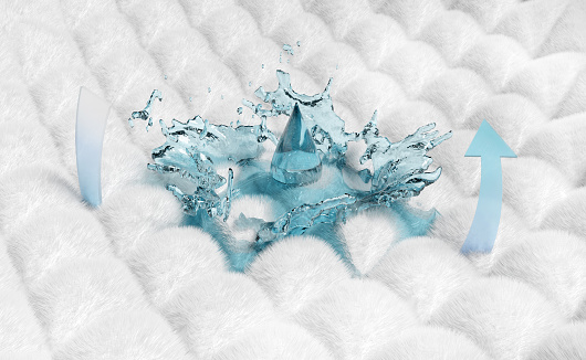 Almohadilla absorbente 3D, ventilar muestra salpicaduras de agua transparente aislada en azul para pañales, capa absorbente de cabello de fibra sintética con toalla sanitaria, concepto de pañal para bebés, ilustración de render 3D photo