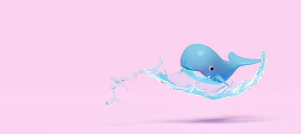 istock blue Inflatable whale with water splash, copy space isolated on pink background. summer travel concept, 3d render illustration 1496941366