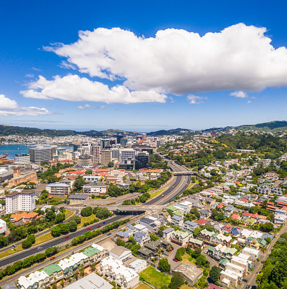A view from the air, looking across the city of Wellington from the north, towards the CBD and harbour.