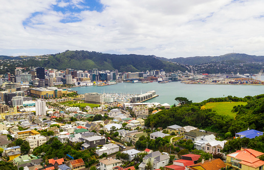 Wellington's harbour, marina and office towers at the centre of the city, arranged around the city's bay.