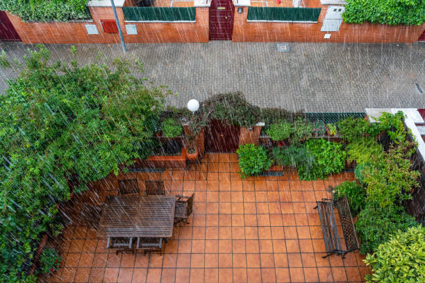 Raindrops falling the city on a day of intense summer storms