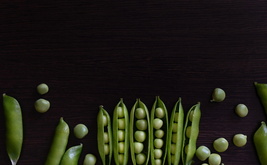 Green shoots of young peas, flowers and pods on a dark wooden background. selective focusing