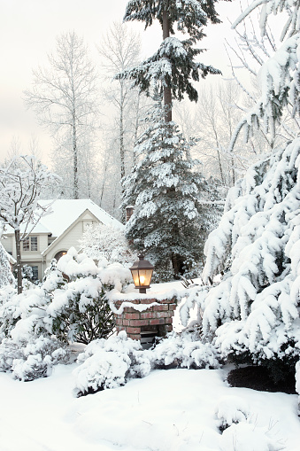 Driveway light and house on a snowy morning