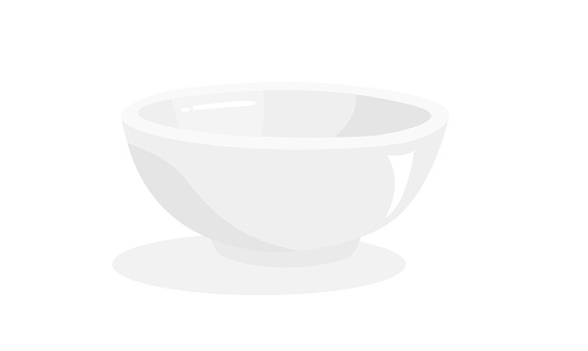 White ceramic bowl vector illustration. Flat vector isolated on white background. White bowl clipart in cartoon style. Crockery set.