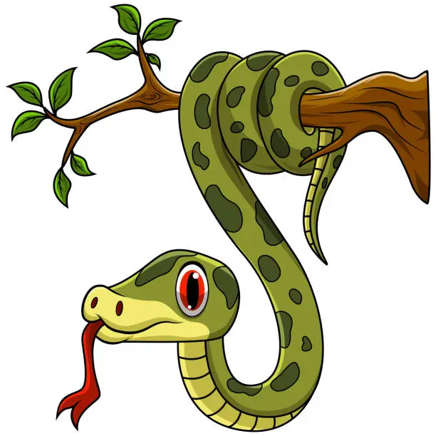 Vector illustration of Green snake cartoon on tree branch