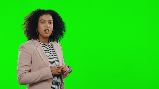 Broadcast, face and a woman with news on a green screen isolated on a studio background. Mockup, speech and portrait of a reporter talking about the media, weather forecast or presenting a report