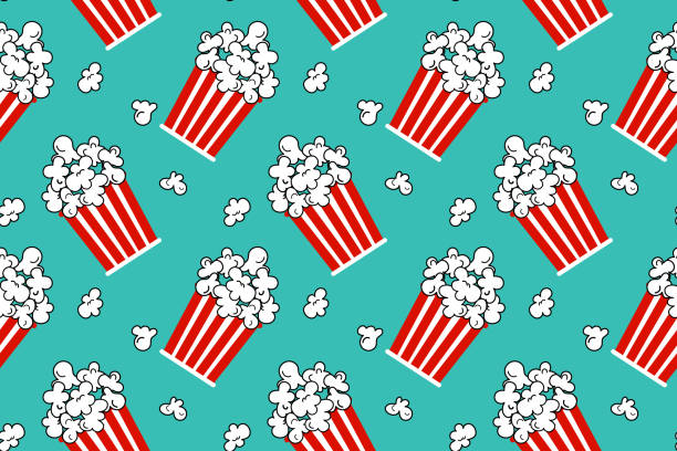 Popcorn red and white striped bucket seamless pattern on blue background. vector illustration cartoon style Popcorn red and white striped bucket seamless pattern on blue background. vector illustration cartoon style seamless wallpaper video stock illustrations