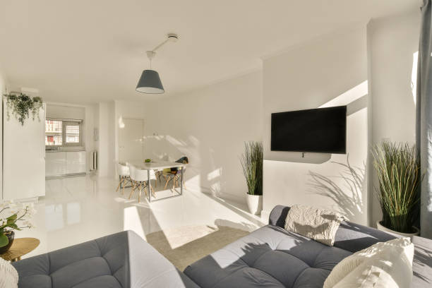 istock a living room with a blue couch and a tv 1496951317