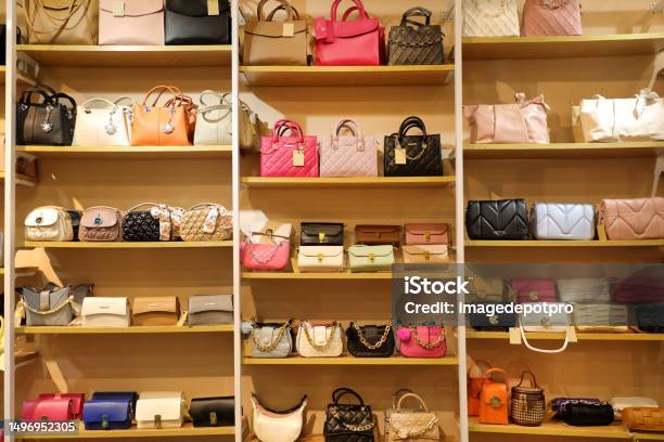 Colorful Group Of Female Hand Bags Stock Photo - Download Image Now - Purse, Shelf, Clothing