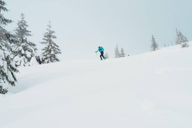 istock Caucasian man wearing a blue jacket riding down a snowy mountain slope 1496953703
