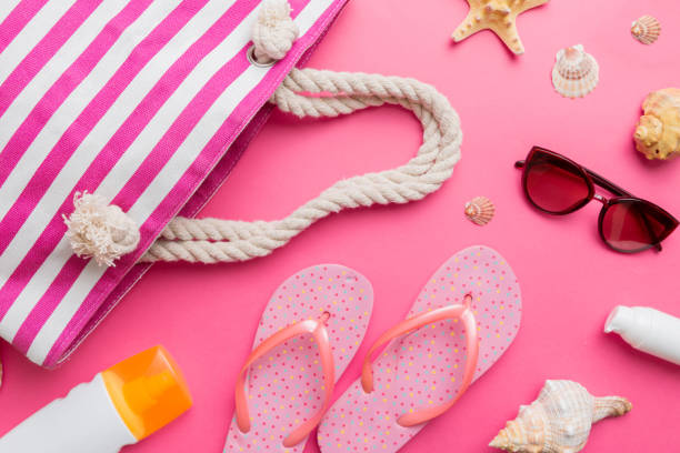 istock Summer vacation concept flat lay. beach accessories and towel top view. Space for text. travel concept 1496954213