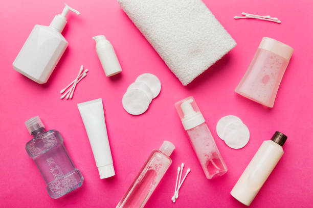 istock Mockup for bathing products top view flat lay, spa razor, toothpaste, soap, gel and other various accessories. Cosmetics for skin health. Bath Mockup for your logo 1496954315