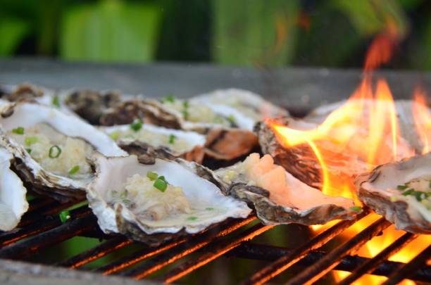 istock Variety of freshly cooked oysters on a hot grill. 1496955890