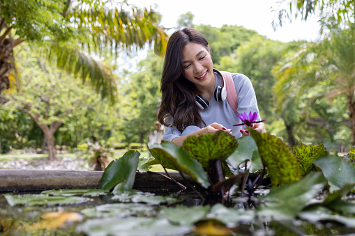 Asian woman sitting and watching lotus flowers in the pond