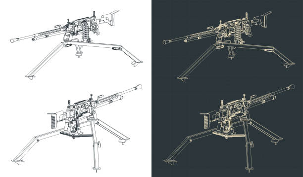 Heavy machine gun blueprints Stylized vector illustrations of blueprints of heavy machine gun tripod attack stock illustrations