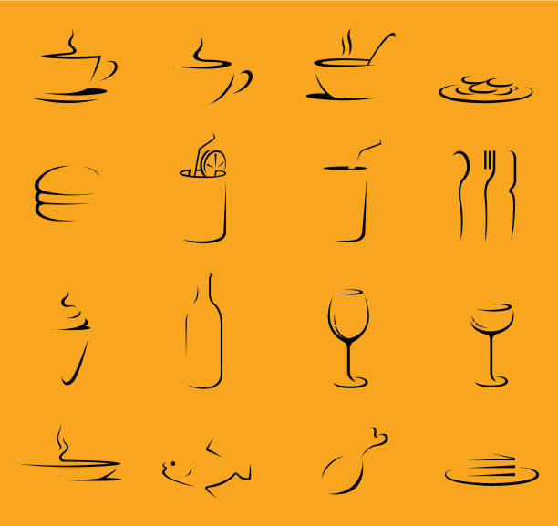 ilustraciones, imágenes clip art, dibujos animados e iconos de stock de iconos de alimentos y bebidas - wineglass symbol coffee cup cocktail