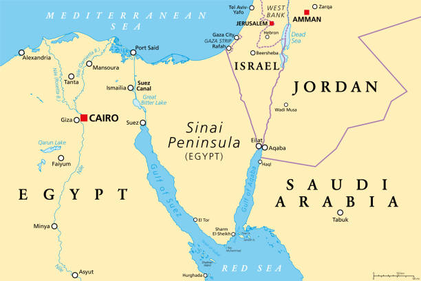 region der sinai-halbinsel, landbrücke zwischen asien und afrika, politische karte - gulf of suez stock-grafiken, -clipart, -cartoons und -symbole