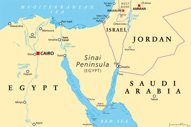 Vector illustration of Sinai Peninsula region, land bridge between Asia and Africa, political map