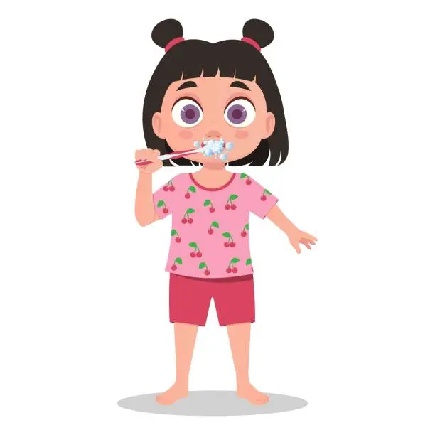 Vector illustration of A child in pajamas brushes his teeth. Vector illustration