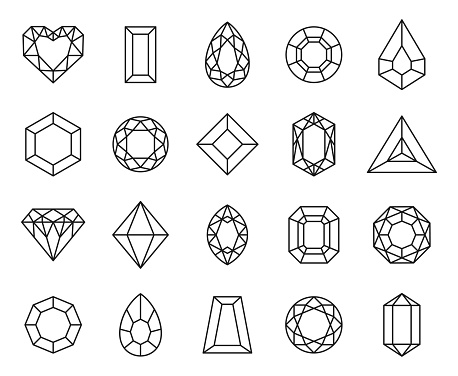 Vector set of jewels diamond line icon and outline gem stones isolated on white background. Diamond design elements, luxury brilliant gemstone for logo, web design, emblem, label