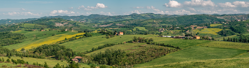 Mountain landscape in Pyrenees on the Camino de Santiago with blue sky and pasture land.
