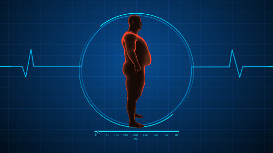 This flat illustration showcases a side view of an overweight woman, representing the concept of an unhealthy lifestyle and obesity. The isolated icon underscores the significance of diet, exercise, and healthcare in weight management. With elements of fitness and nourishment, this digitally generated image emphasizes the need to address weight-related conditions and promote overall well-being.