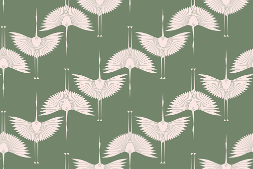 Pink herons in Art Deco style. Seamless Pattern for interior decoration, textiles. Fashionable home decor. Vector illustration texture isolated on  vintage colors background