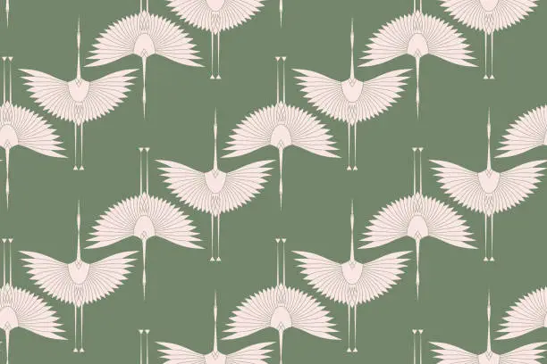 Vector illustration of Pink herons in Art Deco style. Seamless Pattern for interior decoration, textiles. Fashionable home decor. Vector illustration texture isolated on  vintage colors background