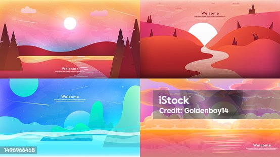 istock Vector illustrations. Beautiful natural background. Abstract landscape set sunset or sunrise for wallpaper design. Design elements. 1496966458