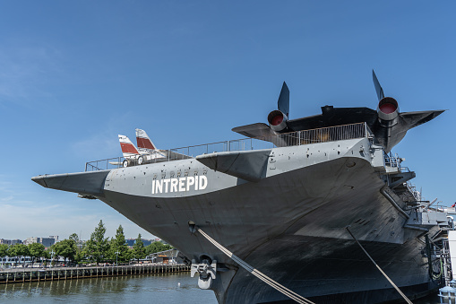 New York City, New York, USA  May 28, 2023: Aircraft carrier USS Intrepid docked in New York City off the Hudson River