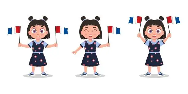 Vector illustration of Set of cute baby with France flag in hand. Girl with a flag. Vector illustration