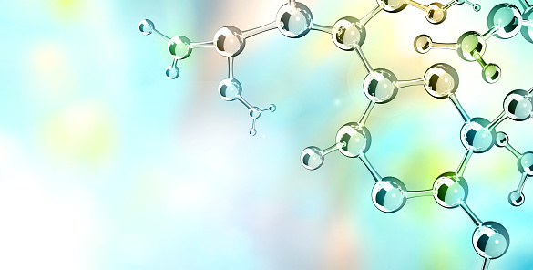 Horizontal banner with model of abstract molecular structure. Background of blue, yellow and green color with glass atom model. Copy space for your text. 3d render