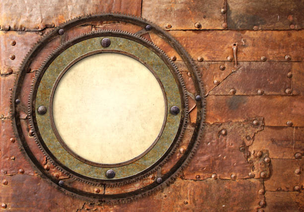 istock Horizontal background metallic round frame with vintage machine gears and retro cogwheel. Copy space for text. Can be used for steampunk and mechanical design 1496970235