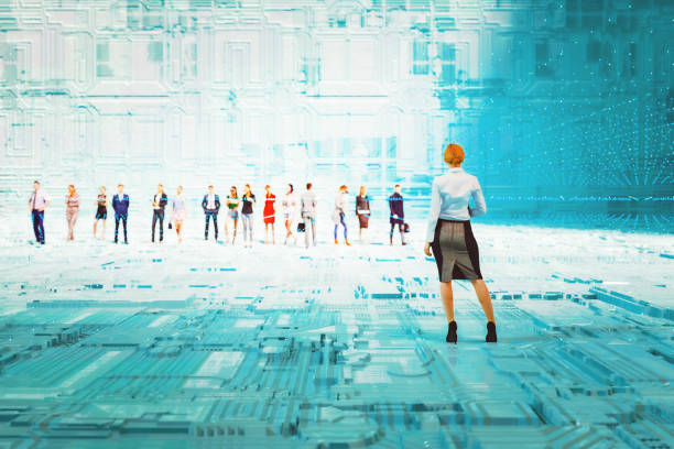 istock Businesswoman standing in VR environment 1496970363