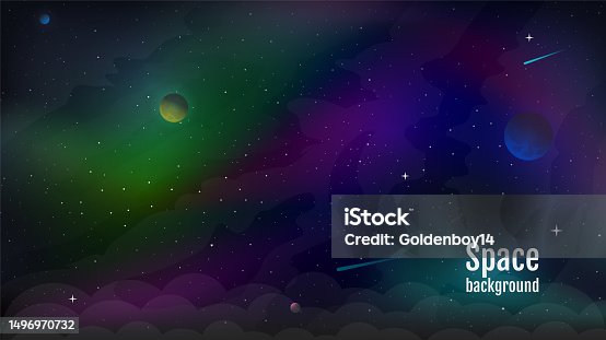 istock Colorful cosmos with stardust. Vector illustration. Bright color space. Space backdrop with nebula, planets and shining stars. Infinite universe and starry night. Flat style illustration. 1496970732