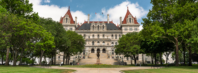 Albany, New York, USA - July 14, 2022:  New York state capital government building exterior in downtown Albany USA