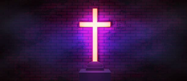 istock Cinematic Christian cyberpunk web panoramic banner with glowing cross, sepulcher and neon lighted brick wall 1496973231