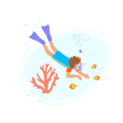 Little boy in diving mask and flippers swims in sea underwater among corals and looks goldfish. Vector children's illustration of family vacation with children, outdoor activities.