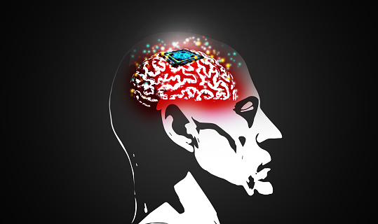 Microchip is implanted in human brain. Neural implants. Brain-computer interface. Neuron technology concept - illustration