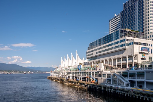 Vancouver, Canada – May 26, 2023: Vancouver, British Columbia - May 26, 2023: Canada Place and Pan Pacific Hotel.