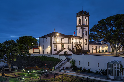 Ribeira Grande, Azores, Portugal. Colonial building of town hall illuminated at dusk